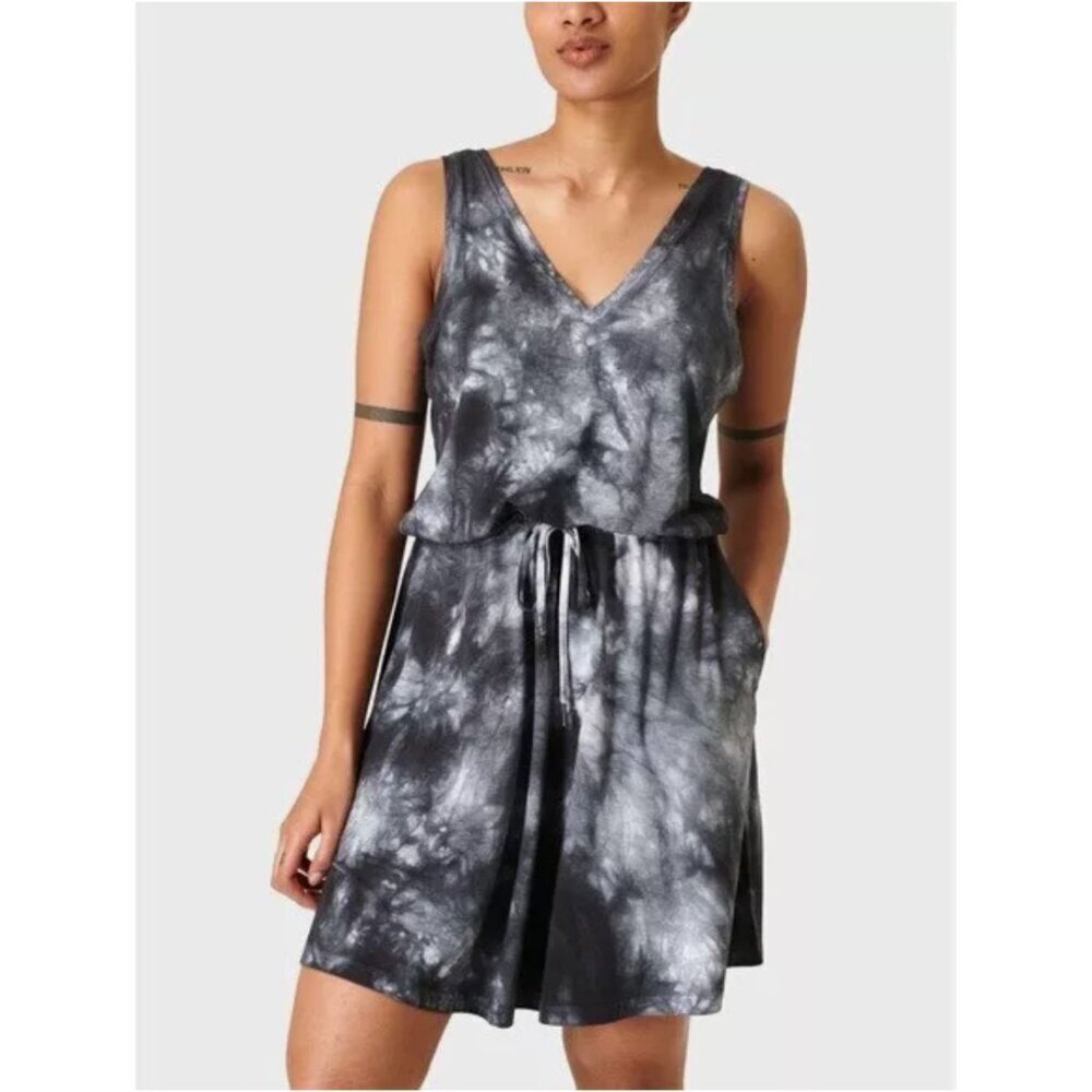 Sweaty Betty Take It Easy Tie Dye Black Dress Size S Sleeveless V Neck Pockets